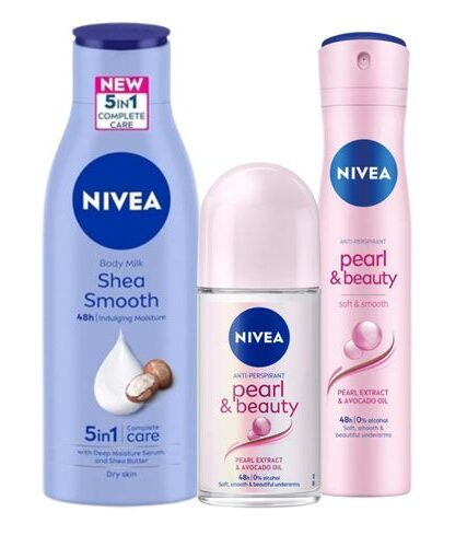 NIVEA Shea Smooth Body Lotion 400ml + Deo Pearl & Beauty Aerosol 150ml + Pearl & Beauty Roll On 50ml